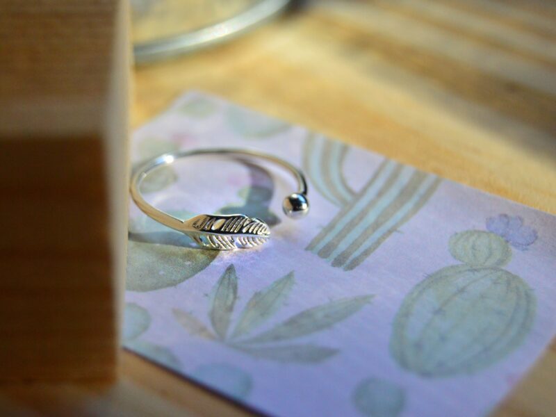 anillo pluma plata de ley 925 ajustable dibujo cactus